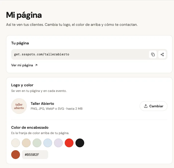 Mi página en el panel de Spots: link get.ssspots.com/tallerabierto, logo de Taller Abierto y color de encabezado