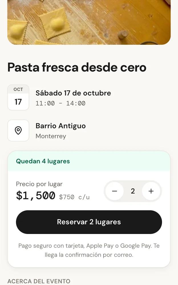 Página del evento que ve el cliente: quedan 4 lugares, 2 lugares por $1,500 y botón Reservar 2 lugares