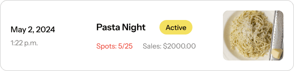 Tarjeta de evento mostrando clase de Pasta Night con spots y ventas