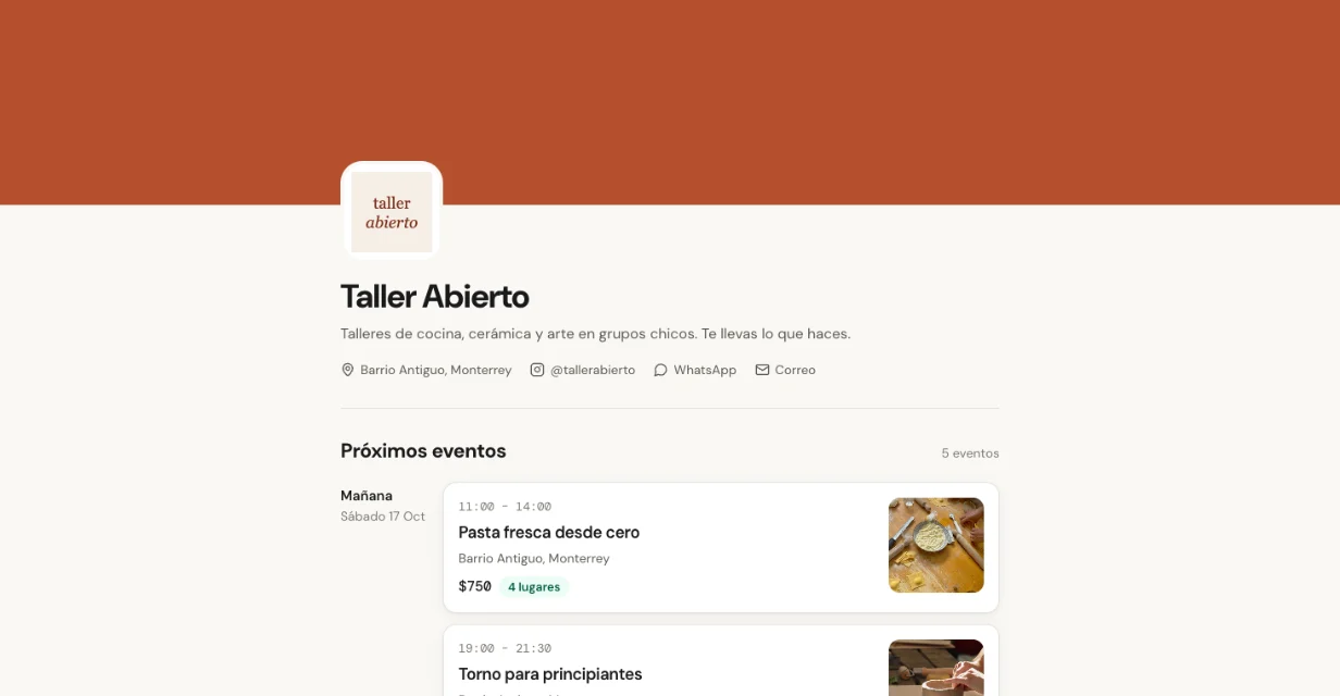 Página de Taller Abierto en Spots con su logo, su color y sus próximos eventos