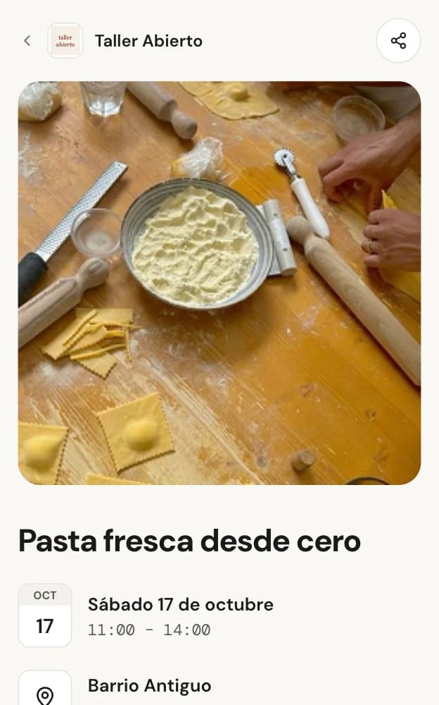 Página pública del evento Pasta fresca desde cero: sábado 17 de octubre, quedan 4 lugares, $750 por lugar y botón para reservar