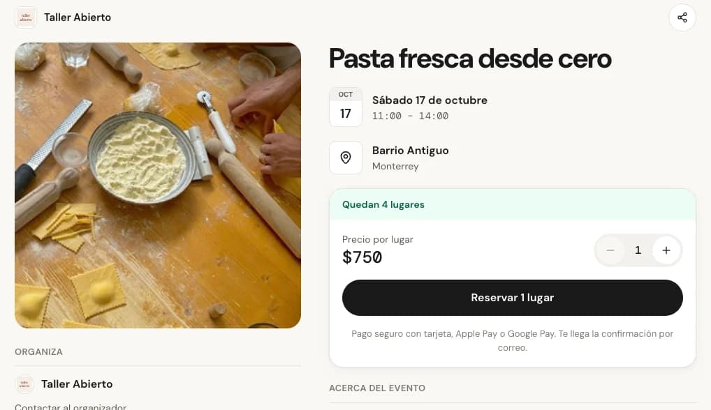 Página pública del evento Pasta fresca desde cero: sábado 17 de octubre, quedan 4 lugares, $750 por lugar y botón para reservar
